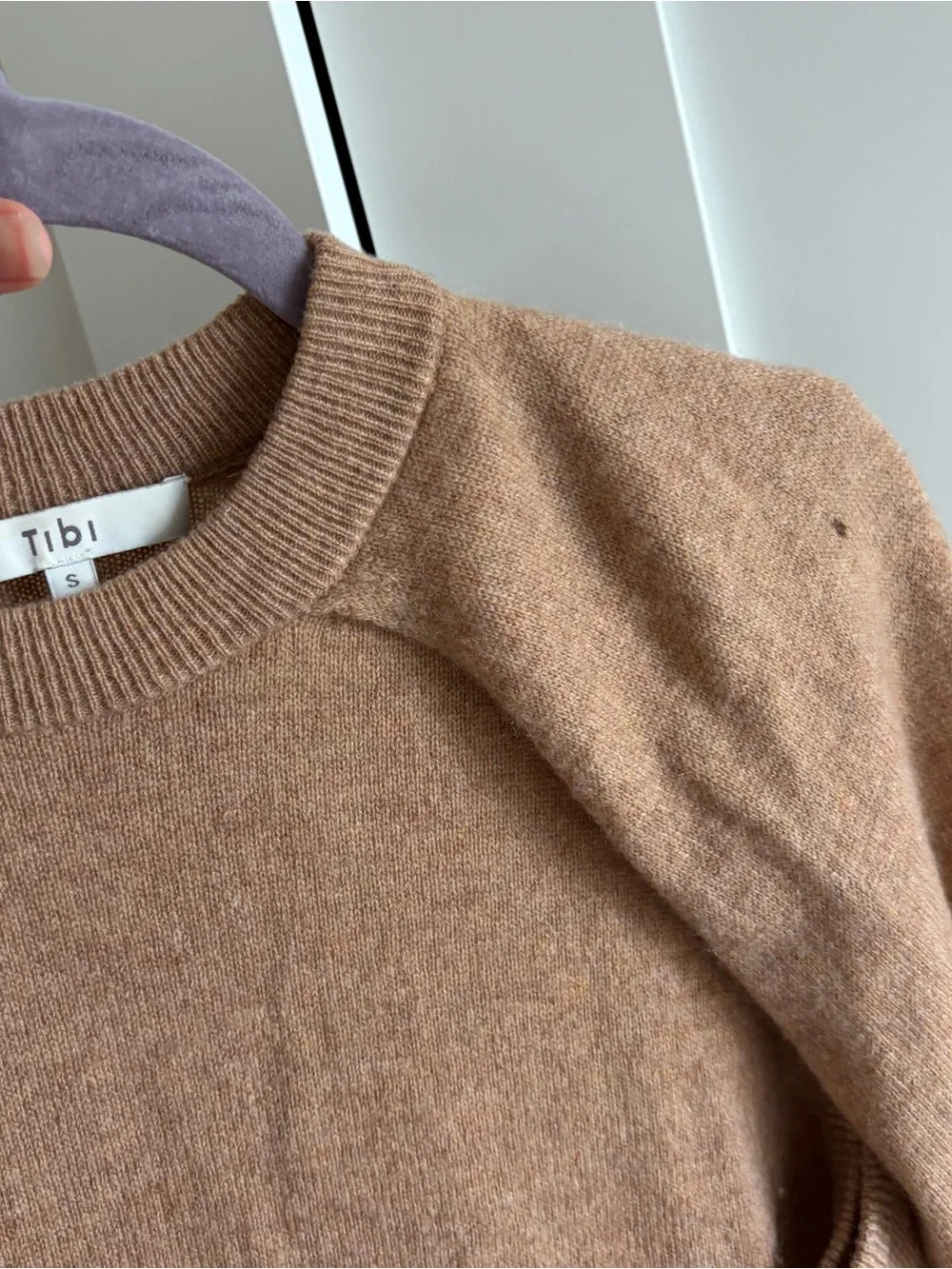 Tibi Featherweight Cashmere Cutout Sleeve Sweater in Camel